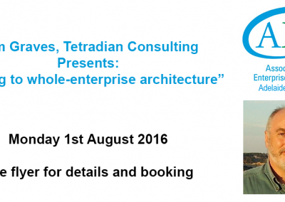 AEA Adelaide – Tom Graves presentation “Moving to whole-enterprise architecture” (Adelaide – Aug 1st 2016)