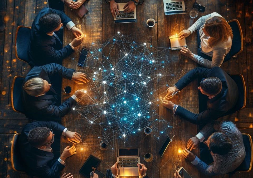 People sitting around a meeting table, with a network diagram projected onto it, implying distributed communication and decision-making